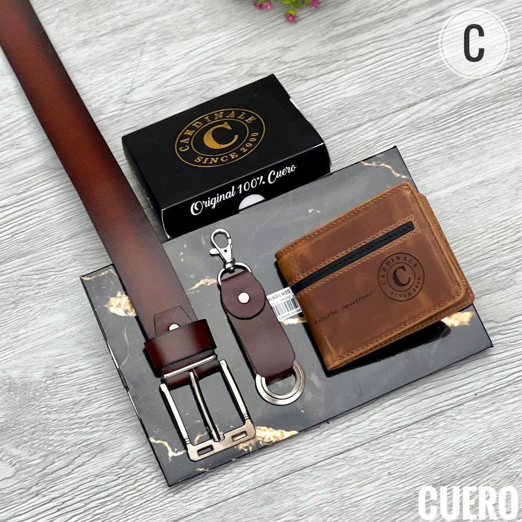 Trio de Correa + Billetera y Llavero grande de Cuero