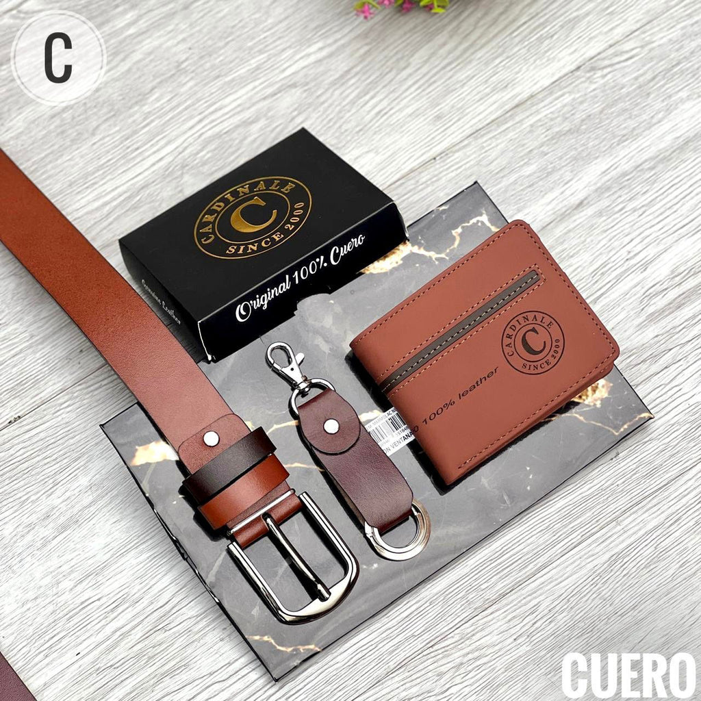 Trio de Correa + Billetera y Llavero grande de Cuero